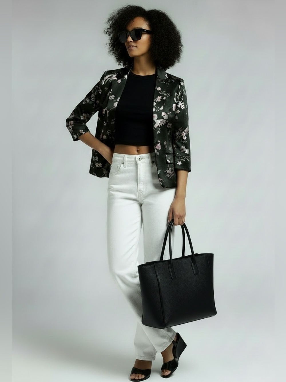 Black Floral-Print Women's Blazer with Pink Blossom Accents